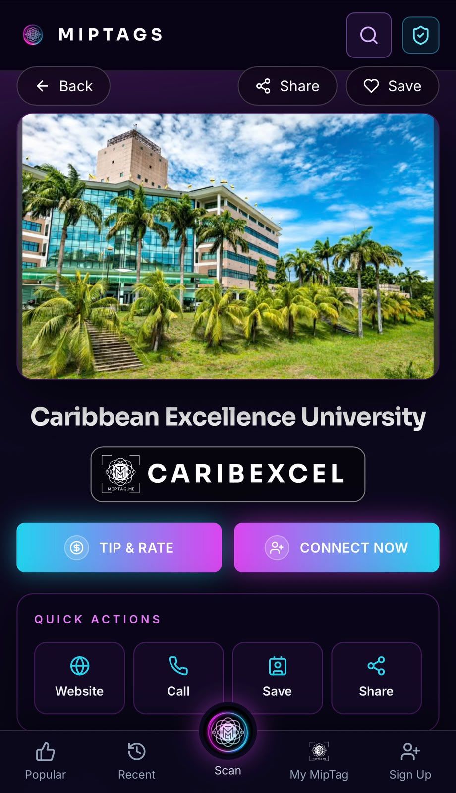 Caribbean Excellence University MipTags app screen with its identifier and quick actions