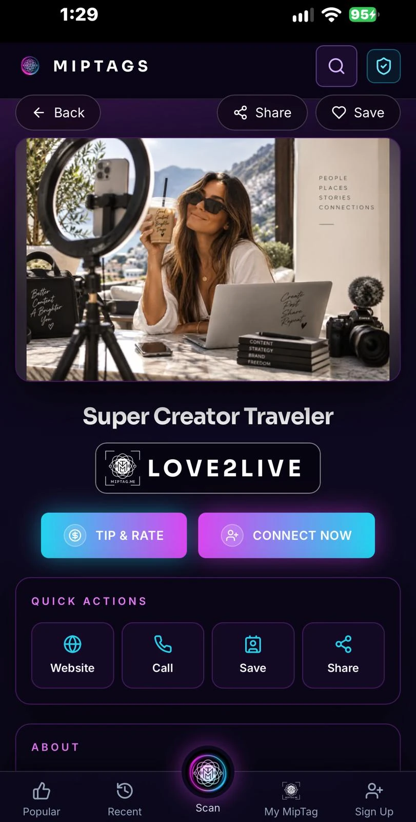 Super Creator Traveler MipTags app screen