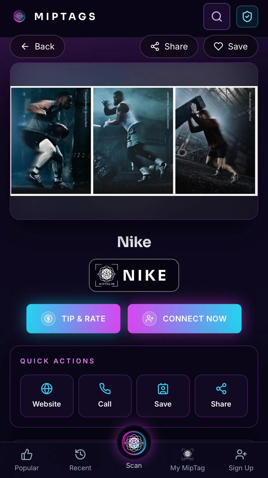 Nike MipTags app screen