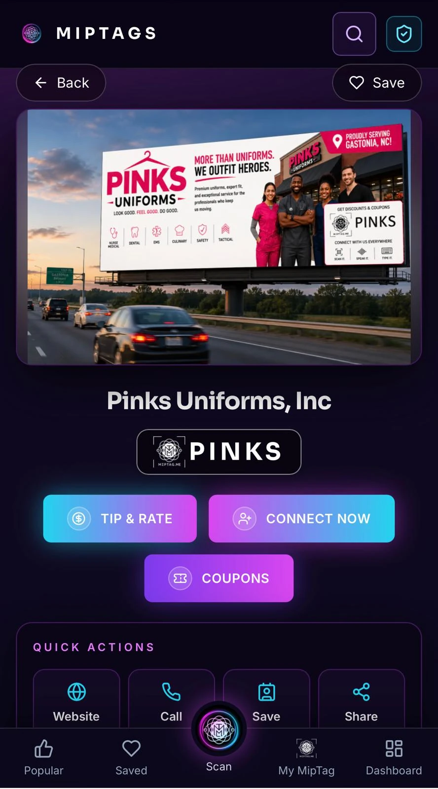 Pinks Uniforms, Inc MipTags app screen
