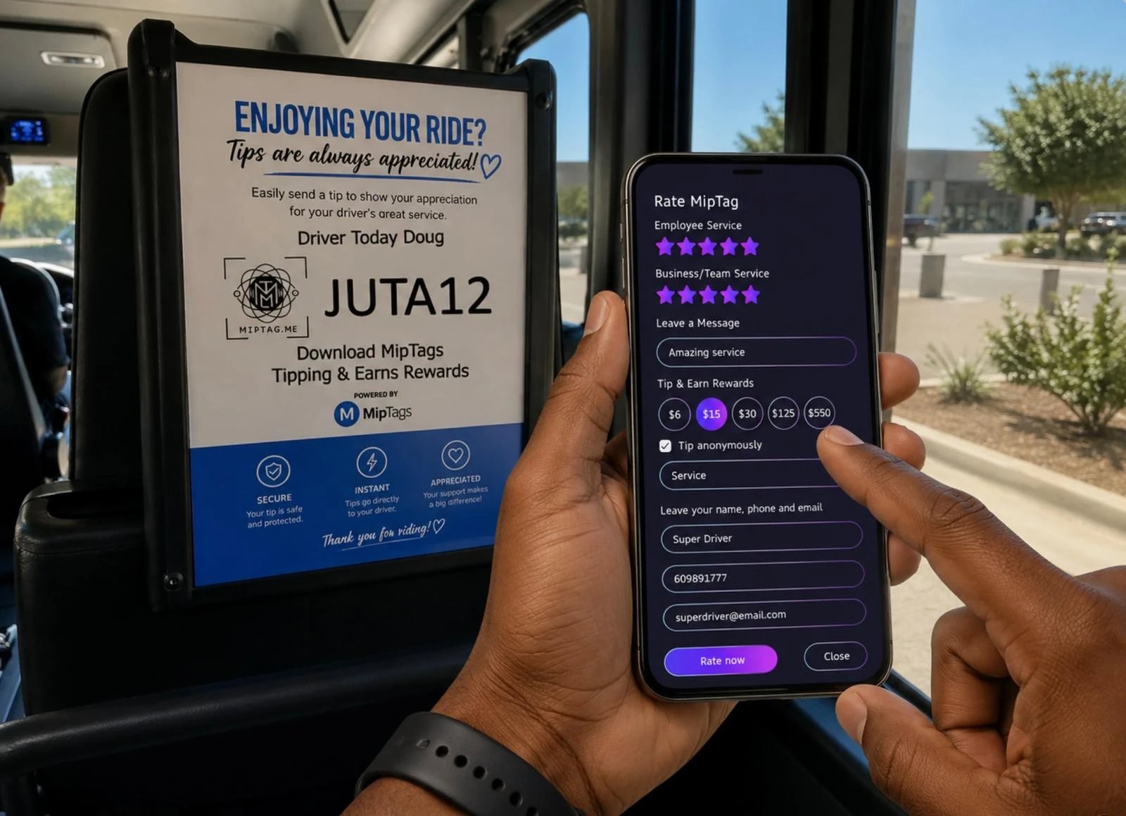 service and tipping · JUTA12. Payments and tips require eligibility and activation.