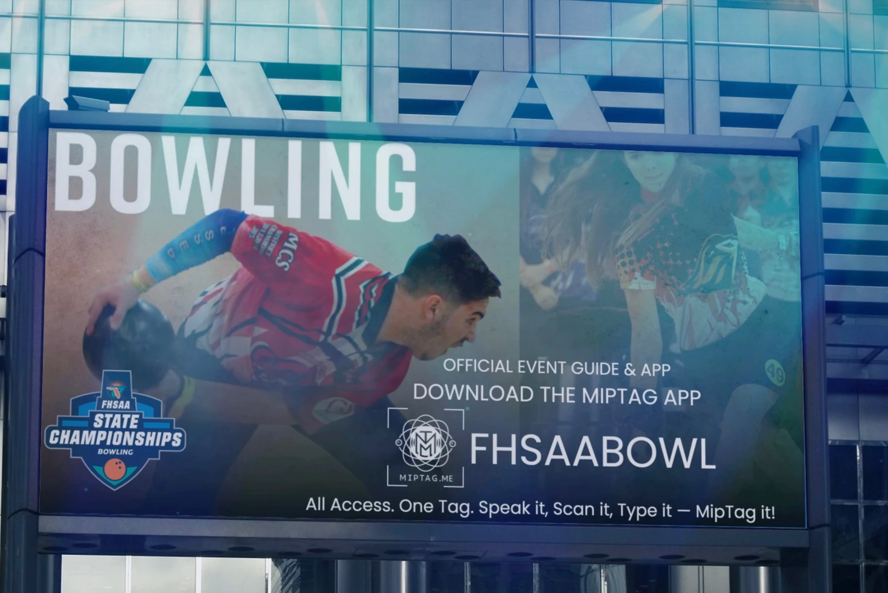 FHSAABOWL displayed on a bowling championship sign