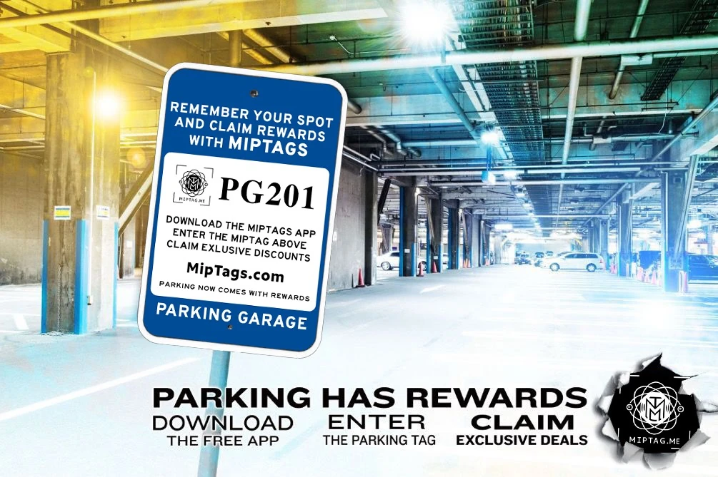 PG201 parking rewards signage in a parking garage